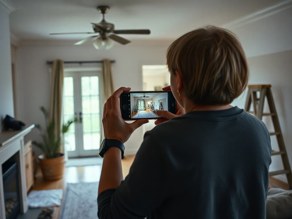 A homeowner filming a walk-through of a flipped house on their smartphone.