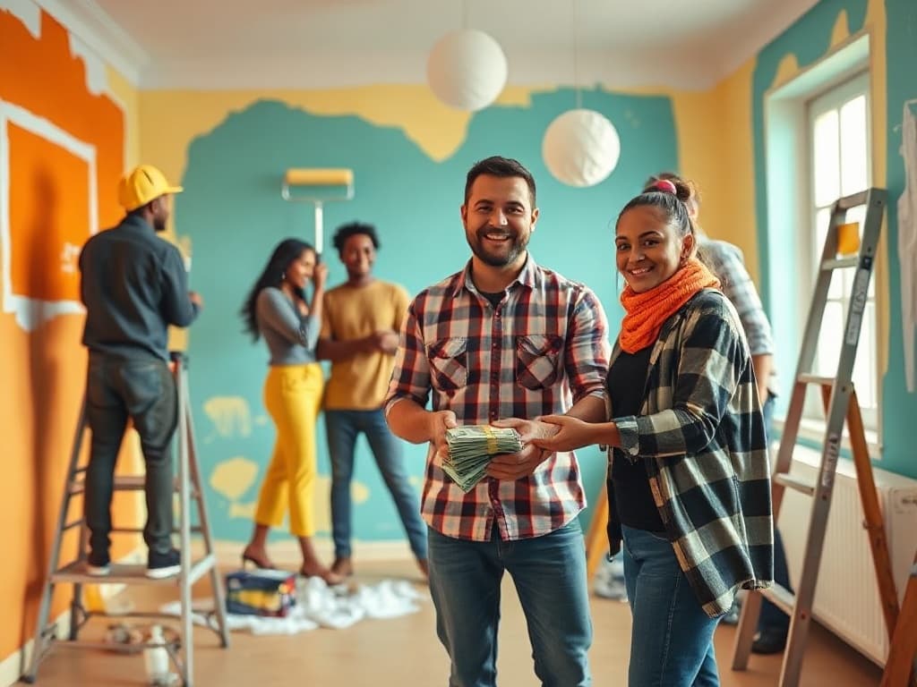 A construction crew painting a freshly flipped home in bold colors while a realtor hands the keys to a happy homeowner couple.