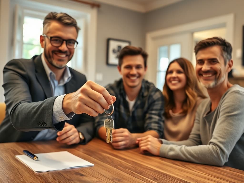 A real-estate agent handing the keys of a newly flipped house to a buyer couple.