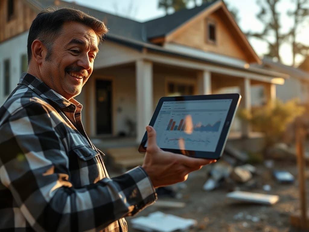 A homeowner reviewing a flip-score dashboard on a tablet at the property.